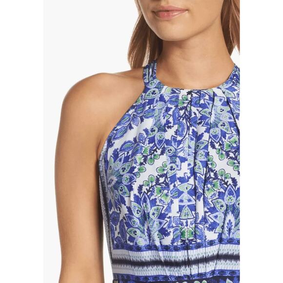 NWT ELIZA J SCARF PRINT MAXI DRESS GOWN HALTER FLORAL BLUE GREEN SZ 6 - Picture 3 of 16